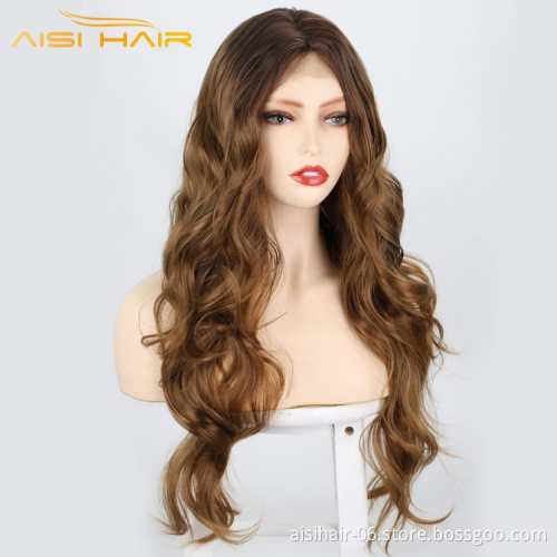 Aisi Hair Hot Selling Soft Natural Brown  Small Lace Front Expression Synthetic For White Women Fiber Long Body Wave Wig